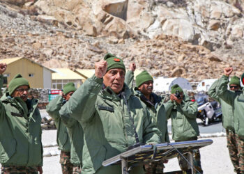 Ladakh, Apr 22 (ANI): Defence Minister Rajnath Singh addresses as he carries out a first-hand assessment of the security situation during his visit to meet the Armed Forces personnel deployed in Siachen, Ladakh, on Monday. (ANI Photo)