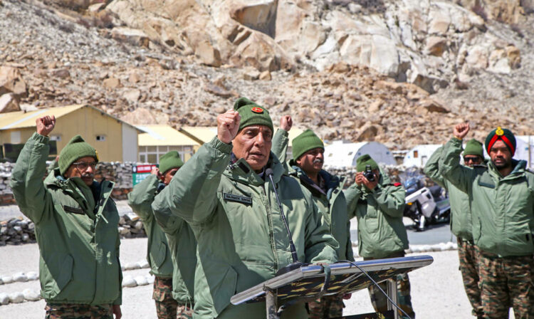 Ladakh, Apr 22 (ANI): Defence Minister Rajnath Singh addresses as he carries out a first-hand assessment of the security situation during his visit to meet the Armed Forces personnel deployed in Siachen, Ladakh, on Monday. (ANI Photo)