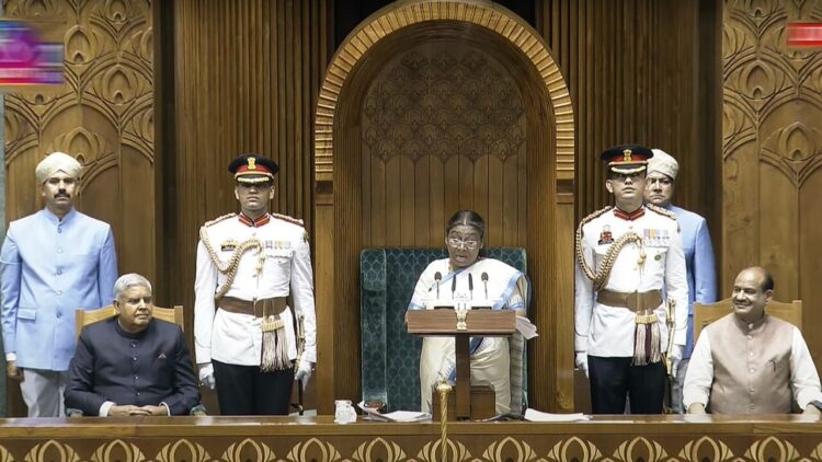 **EDS: SCREENSHOT VIA SANSAD TV** New Delhi: President Droupadi Murmu addresses the joint sitting of the Lok Sabha and Rajya Sabha, in New Delhi, Thursday, June 27, 2024. Vice President Jagdeep Dhankhar and Lok Sabha Speaker Om Birla are also seen. (PTI Photo) (PTI06_27_2024_000127B)