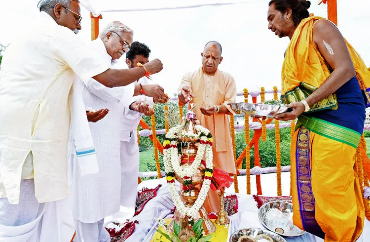 Ayodhya, Sep 05 (ANI): Uttar Pradesh Chief Minister Yogi Adityanath performs rituals during the Kumbhabhishekam and renovation ceremony of Sri Ramanathaswamy Temple, in Ayodhya on Thursday. (ANI Photo)